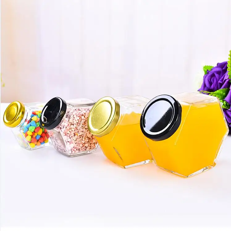 100ml 180ml 280ml 360ml 500ml hexagonal honey glass jar with wooden cap and stick