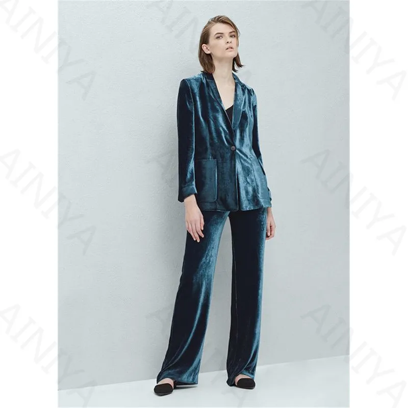 31.1  119  Lake Dark Blue Formal Velvet 2 Piece Sets Women Business Suits with Pant and Slim Fit Jacket Office Ladies Pants Custom Suit