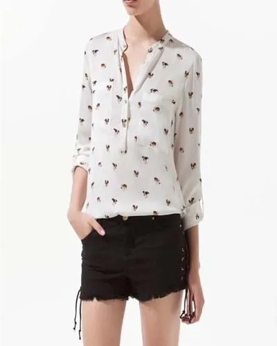 2015 New Summer Fashion Women Apricot Long Sleeve Zebra Print Blouses Casual V Neck Shirts White Chiffon Tops Blusas Femininas