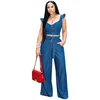 Women Clothing Two Piece Outfits -Sleeveless Ruffle Shoulder Denim Crop Top and Wide Leg Jeans Pants Set With Pocket Belt