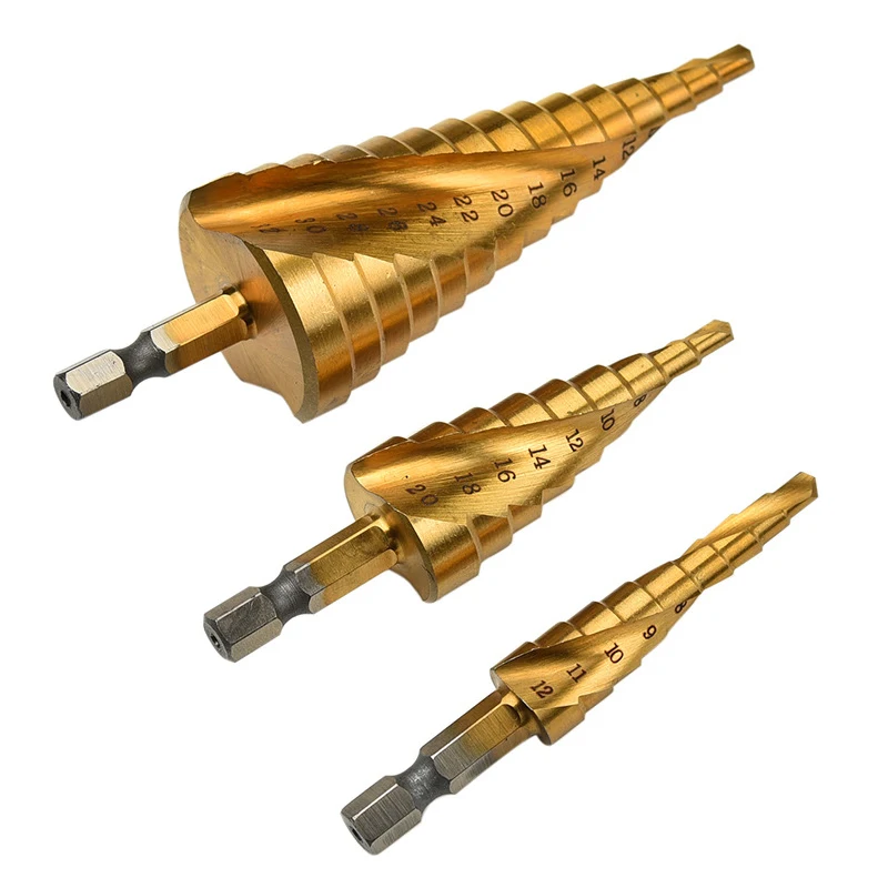02 MPT 3Pcs HSS Spiral Grooved Center Drill Bit Pagoda Shape Hole Cutter 4-32 4-20 4-12mm Carbide Titanium Step Cone Drill Bit Set