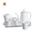 Tea cup & a water pot indian ceramic tea set with blue rim and plate stand made in china