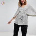 Casual Design Sequin Kimono Women Soft Bat Sleeves Blouse Loose fit Belted T-shirt Tunic