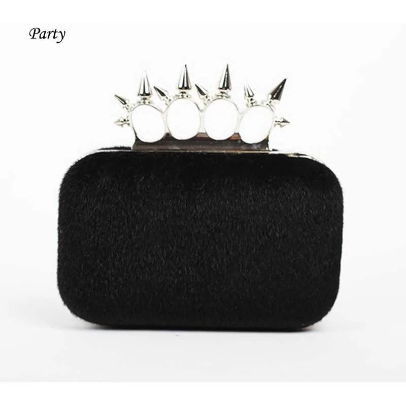 Luxury fur cony hair day clutch bag lady women's shiny ring studded bag Knuckle rivet leather box clutch mini party bag tote