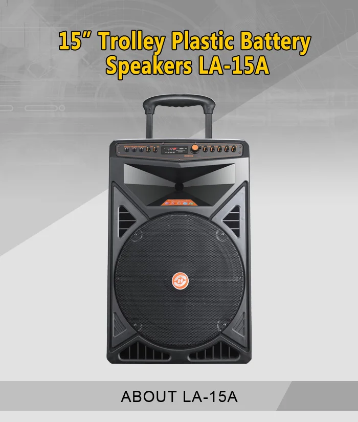 15 inch plastic dj subwoofer portable trolley wireless party speaker with Wireless Handheld Microphone, Mic/Guitar Jack