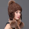 High Quality Mink Fur Knit Hat for Women with Fox Fur Pompons Cute Hat with Ears Female Winter Outdoor Warm Ear Protect Caps
