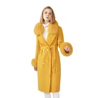 Mao Mao Fur Double - sided Wool Coat with Fox Fur Collar Yellow Women Cashmere Coat