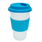 Promotional white ceramic travel coffee cup with silicone sleeve & lids
