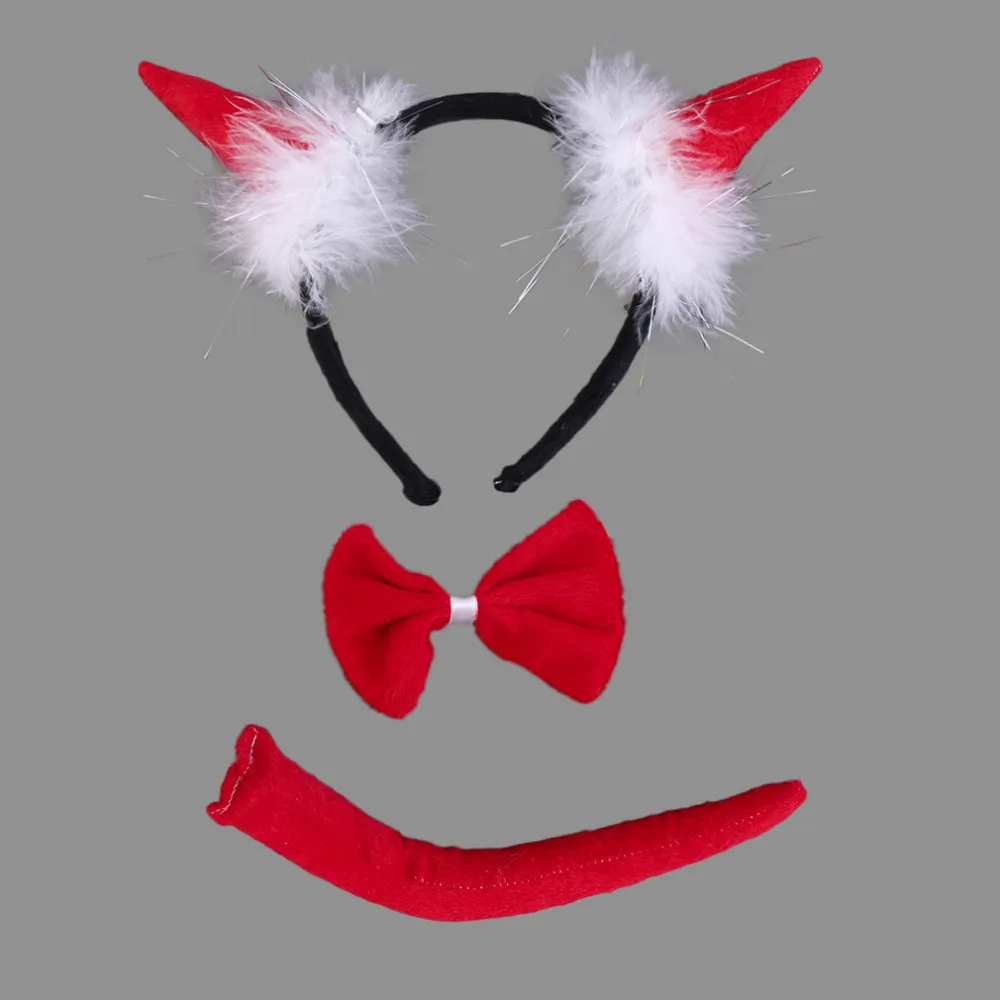 Cute Red Horn Sets Bow Tie 3Pcs Tail Party Ox horn Fancy Dress Costume For Christmas Halloween/Carnivals Large/Small Size