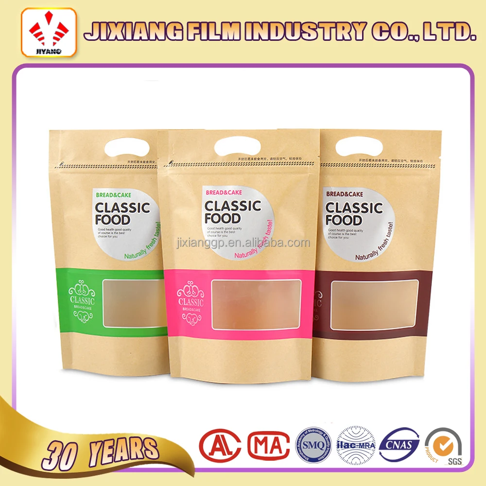 kraft paper clear stand up pouch with zipper for food packaging