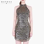 Fashion Gold bodycon party dresses sleeveless turtleneck sequin evening dress