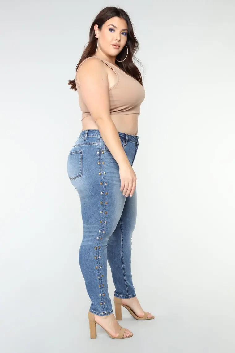 2018 Fashion Custom Stud Side Details Skinny Big Size Ladies Denim Jeans for Fat Women