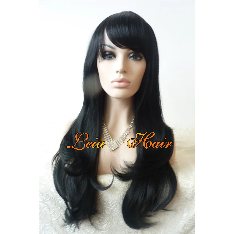 Long Black Wig With Bangs Wavy Synthetic Lace Front Wig Heat Resistant Kanekalon Hair Natural Looking Glueless Long Black Wig