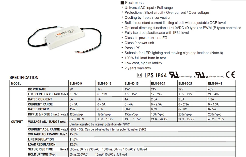 Meanwell LED Driver ELN-60-27-Class 2 Power Supply