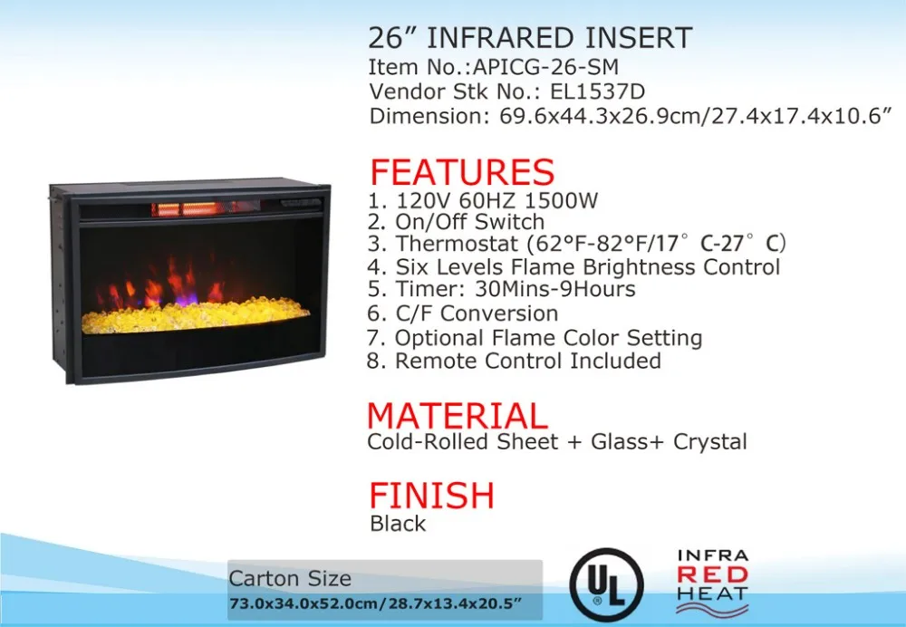 26 Contemporary Curved Face Infrared Quartz Heat Fireplace Insert