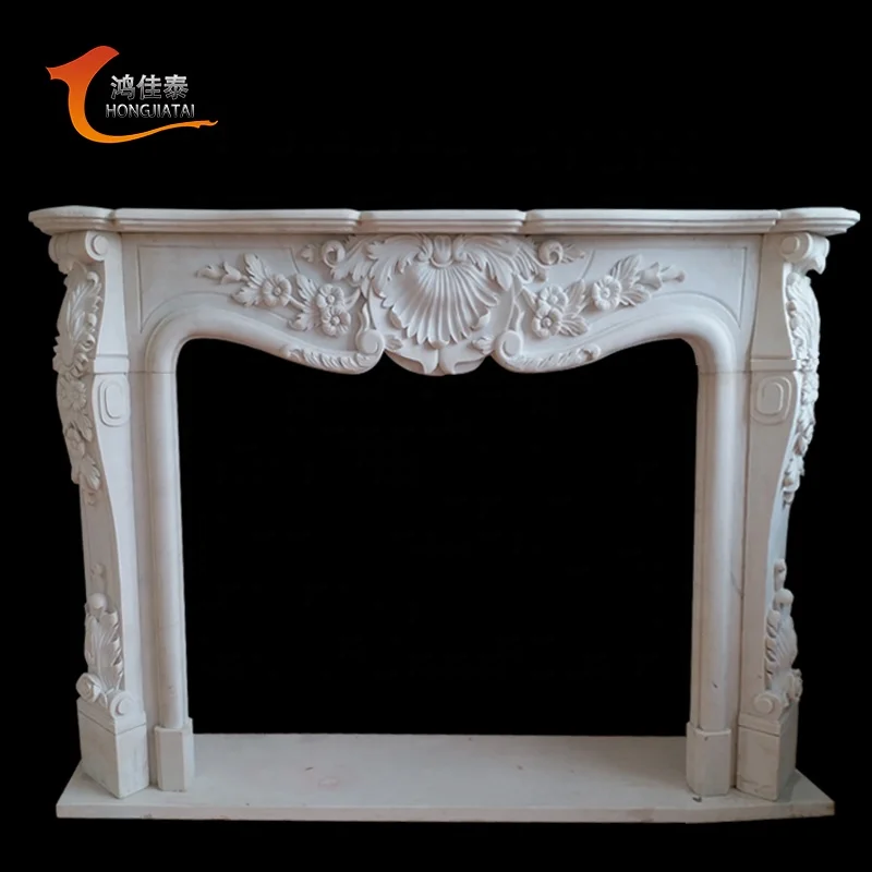 Flower Carving Figure Cultured White Artificial Marble Fireplace