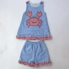 Hot sale baby girls boutique summer outfits wholesale seersucker swimsuit crab applique children clothing