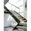 interior L shape steel stringers stairs with rubber wood treads and frameless glass railings
