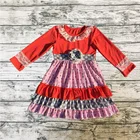 Halloween Boutique Long Sleeves Children Clothes Floral Printed Baby Girl Dress Winter Wear With Lace