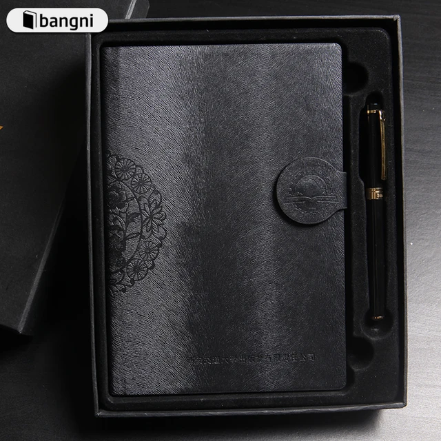 cheap black eco friendly pu leather notebook with pen gift set