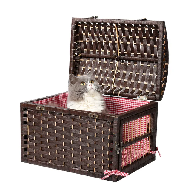 wicker pet carrier nature dog house cat handle basket