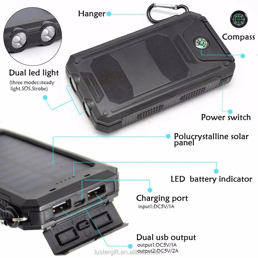 10000mAh Lithium Polymer Battery IP67 Waterproof Solar Power Bank With Flashlight Compass for Outdoor - ANKUX.COM