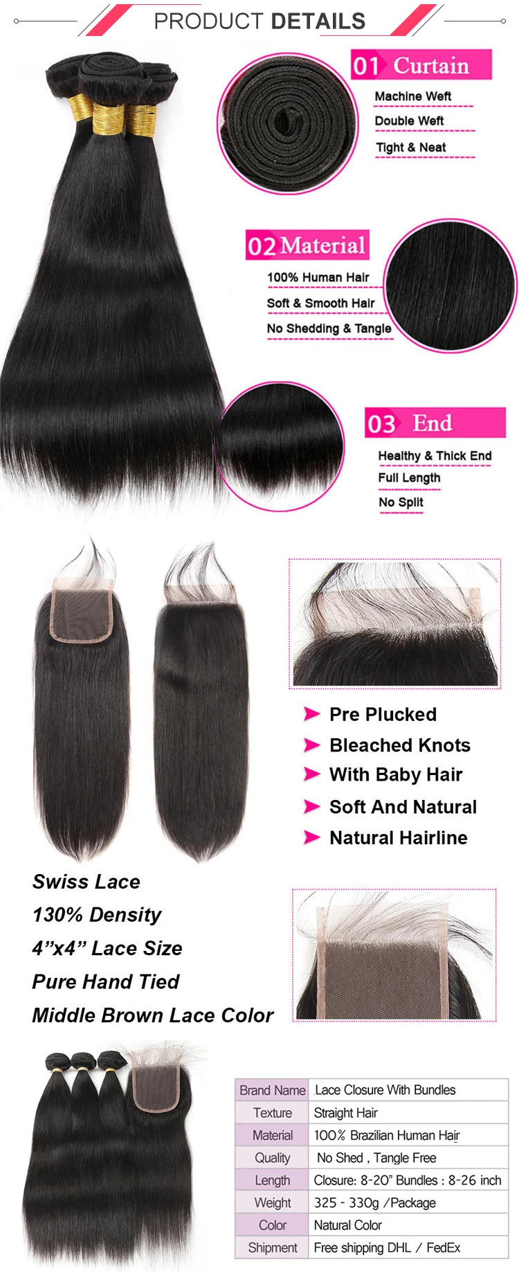 Midee Straight Bundles With Closure Brazilian Hair Weave Bundles