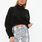 Women Clothing Sherpa Hoodie Pullovers Casual Black Teddy High Neck Cropped Sweatshirt