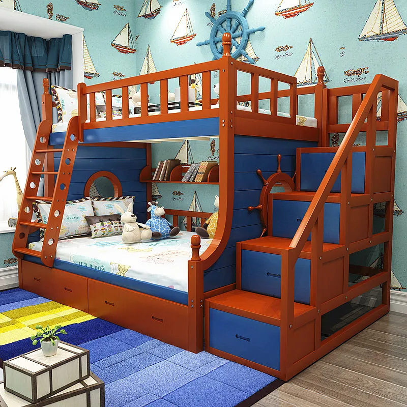 رقم 1503 الصلبة الصنوبر سرير خشبي بدورين مع خزانة الدرج ، درج رف أثاث غرف نوم اطفال