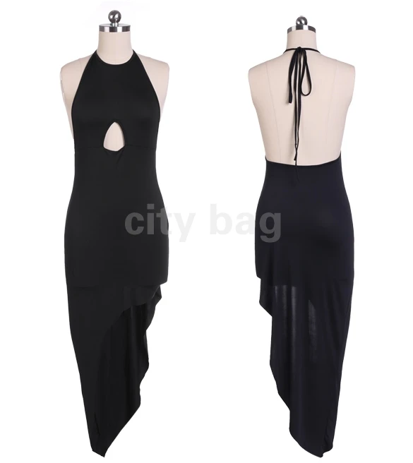 Women Sexy Slim Round Neck Halter Dresses Sleeveless Backless Hollow Irregular Solid Stretch Club Dress