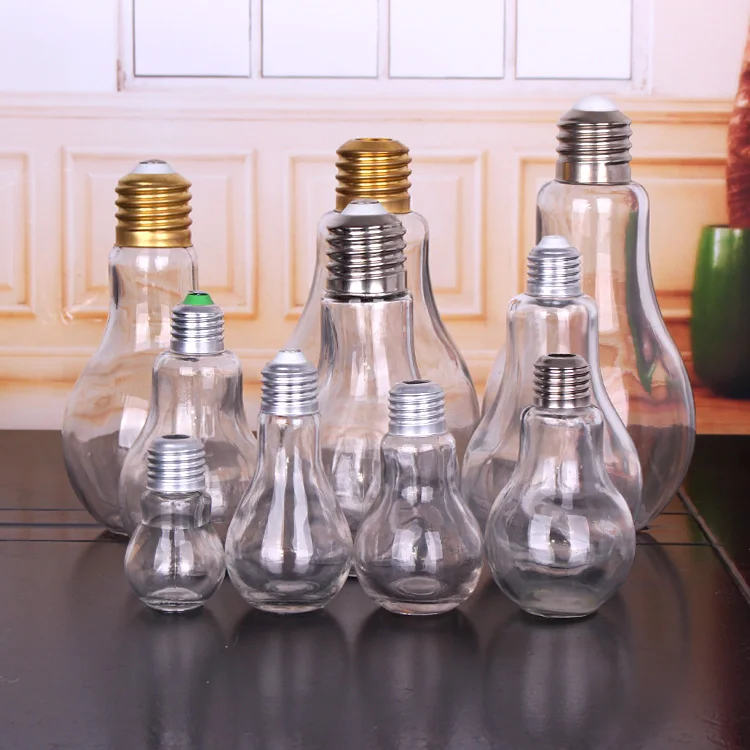 factory sale 50ml 100ml 150ml glass light bulb bottle with lid and straw for fresh juice drinking