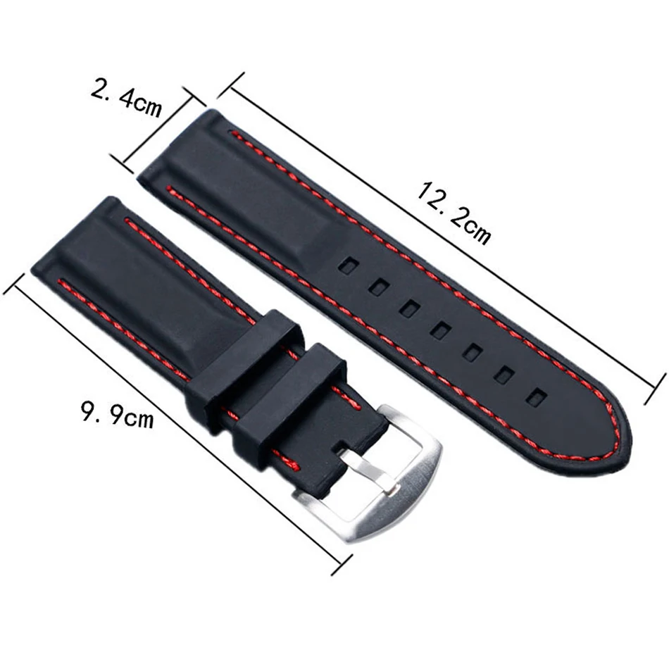22MM 24MM Watchband Military Bracelet Ourdoor Red Line Stitching Sport Rubber Black Silicone Soft Waterproof Watch Strap Band  (6)