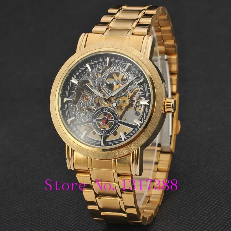 New Fashion Gold Skeleton Watch Men Luury Brand Self Wind Mechanical Wristwatches Male Stainless Steel Analog Clock W125