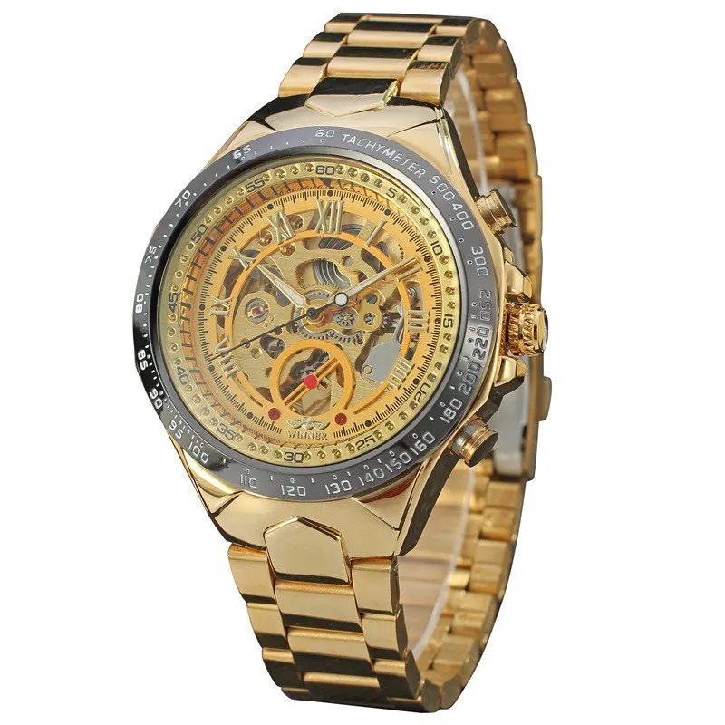 2016 New Hot Sale Skeleton Hollow Fashion Mechanical Self Wind Men Luury Male Business Gold Stainless Steel Strap Wrist Watch
