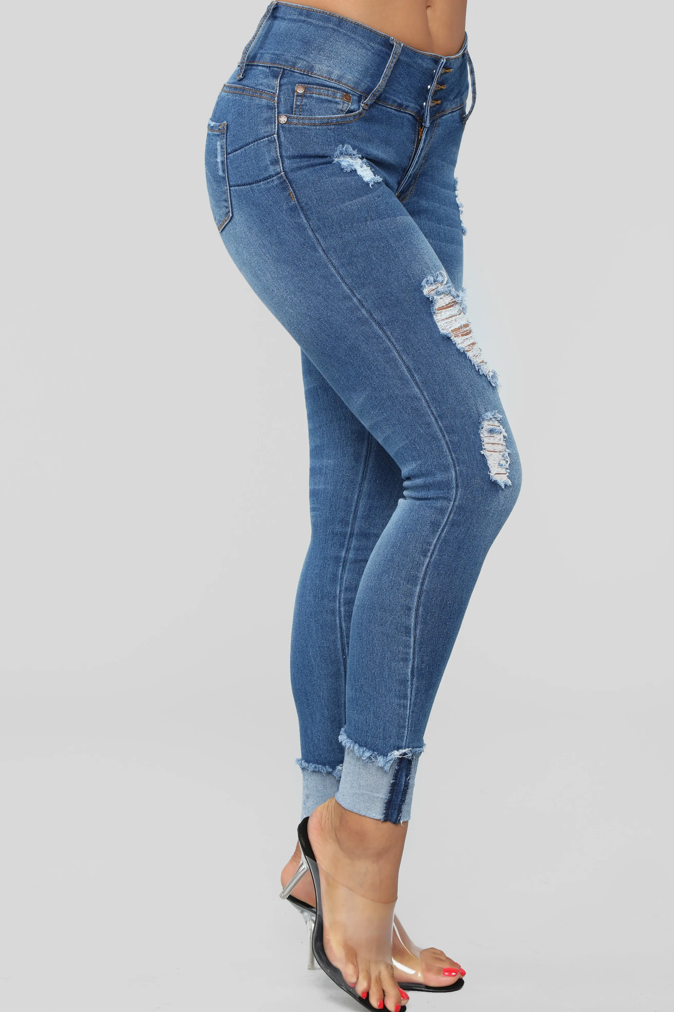 Stretch High Waist With Stacked Button Rolled Hem Skinny Brazilian Jeans for Women
