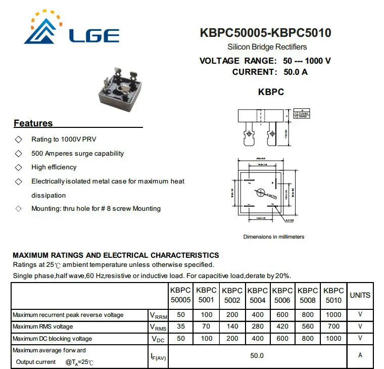 Диодный мост kbpc5010 схема подключения