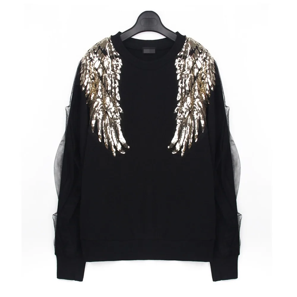 Brand Women Sweatshirt Black 2015 New Fashion Angel Wings Sequin Design Mesh Sleeve Stitching Sweatshirt #P224