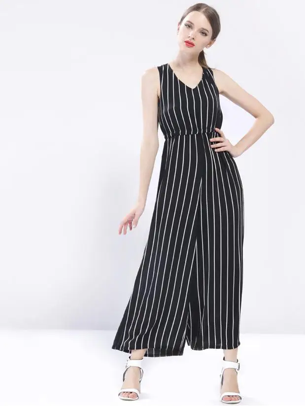 2015 high end fabric polyester women Jumpsuits US british style zebra striped deep v neck jump suits C056 free shipping