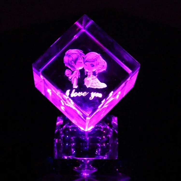 hot sale rotating led base crystal glass cube for christmas gift