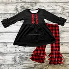 Christmas Kids Clothes Icing Ruffle Top with Ruffle Red Chequer Printing Pants Girls Clothing Sets Baby Outfits
