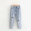 Summer new washed blue high waist hole ladies casual radish jeans