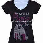 Black Plain Rhinestone Design Put a Raise on It Cheap Wholesale Women V Neck t shirt