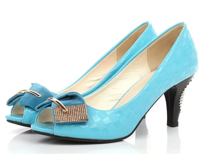 Big Size Hot Sale Elegant Office Lady Basic Shoes Woman Peep Toe Rubber Sole Rhinestone Charm Shoes Spike and Med Heel Pumps