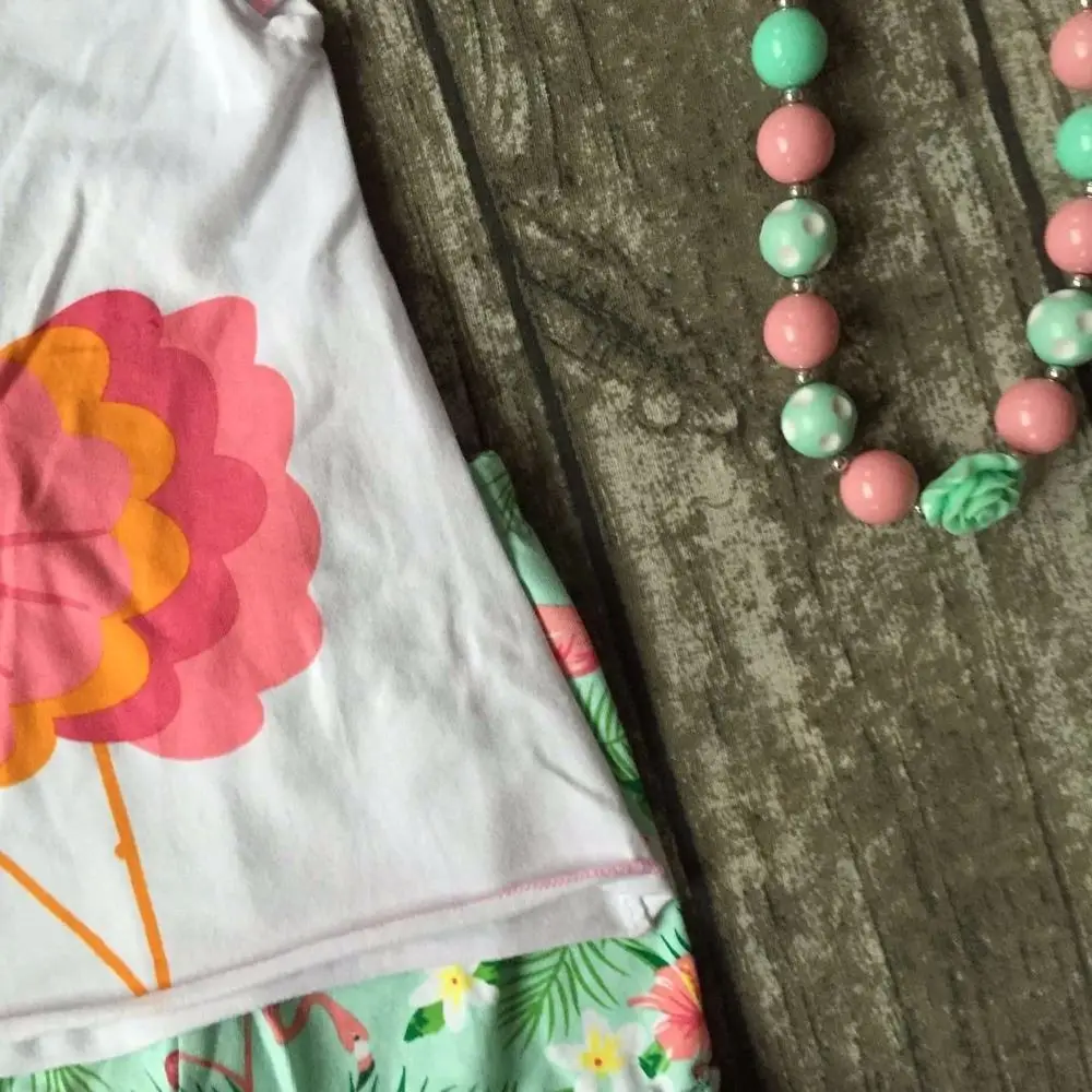 new girls outfit flamingo set white coral mint kids boutique short sets ruffles cotton girls clothing matching with accessories
