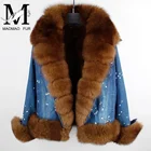 Fashion High Quality Real Fox Fur Collar Women Winter Denim Faux Fur Parka Jacket