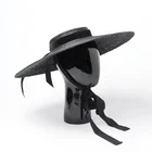 18 Brim Short Crown Boater Hat with Velvet Ribbon Bow and Tie Ribbon