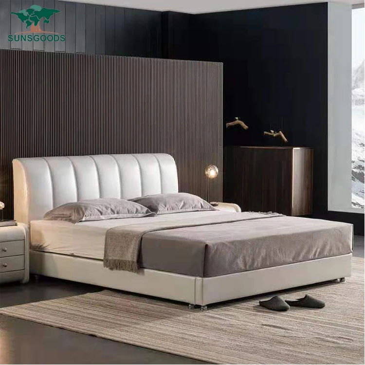 SB02b الحديثة النوم أحدث تصميم مزدوج الملكة الملك الحجم أثاث غرفة نوم للفنادق مجموعة منجد إطار سرير جلدي حقيقي