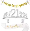 Gold Glitter Cheer to 21Years Banner 21st Crystal Silver Crown 21st Birthday Satin Sash 21st Birthday Decorations