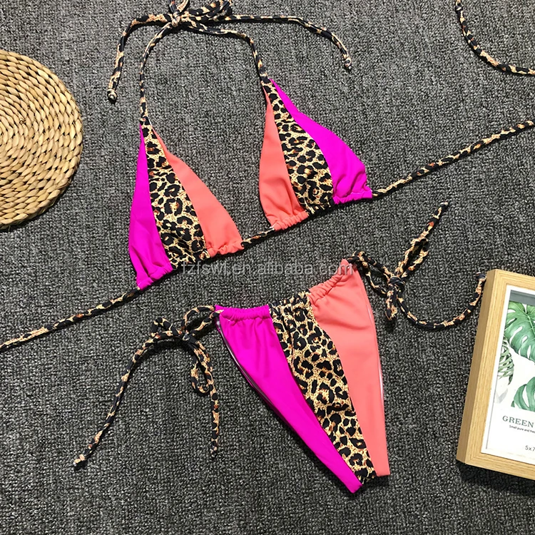 Sexy Leopard Patchwork Sling Tie Halter Thong Micro Bikini Sets