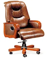 Luxury wood base office executive chair brown leather chair for boss(FOHB-09)